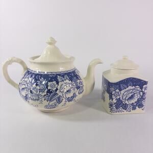 Masons Crabtree & Evelyn Blue & White Tea Pot & Sugar Caddy English Ironstone